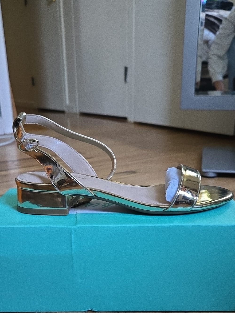 Gold Metallic Low Block Heel Slingback Sandals - Women